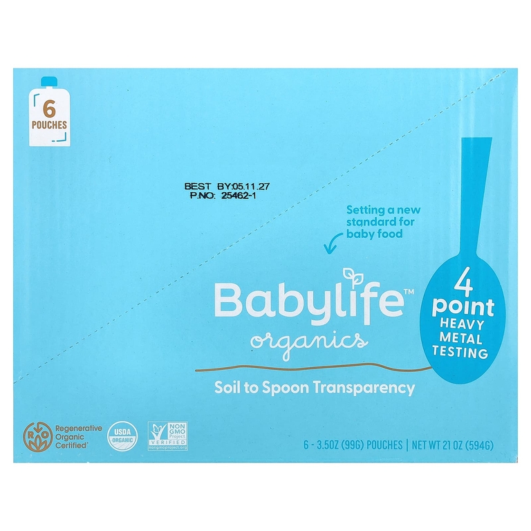 BabyLife Organics, детское питание, для детей от 6 месяцев, шпинат, яблоко, груша и голубика, 6 паучей по 99 г (3,5 унции)