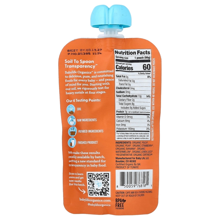 BabyLife Organics, детское питание, для детей от 6 месяцев, персик, груша, клубника, банан и арбуз, 6 паучей по 99 г (3,5 унции)