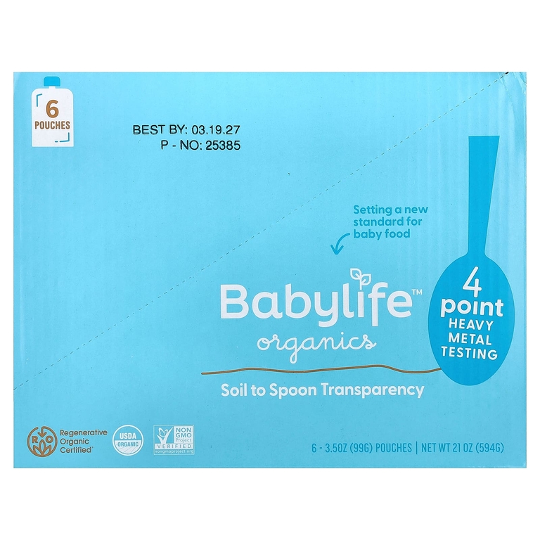 BabyLife Organics, детское питание, для детей от 6 месяцев, персик, груша, клубника, банан и арбуз, 6 паучей по 99 г (3,5 унции)