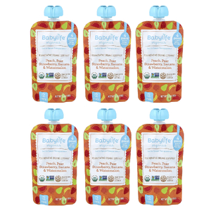 BabyLife Organics, детское питание, для детей от 6 месяцев, персик, груша, клубника, банан и арбуз, 6 паучей по 99 г (3,5 унции)
