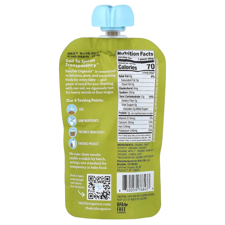 BabyLife Organics, детское питание, для детей от 6 месяцев, батат, тыква, яблоко и шпинат, 6 паучей по 99 г (3,5 унции)