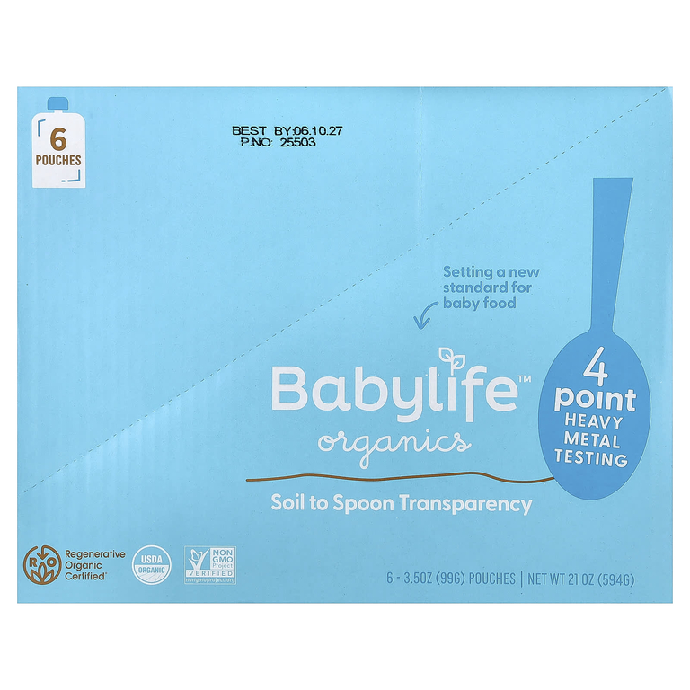 BabyLife Organics, детское питание, для детей от 6 месяцев, батат, персик, груша и банан, 6 паучей по 99 г (3,5 унции)