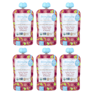 BabyLife Organics, детское питание, для детей от 6 месяцев, батат, персик, груша и банан, 6 паучей по 99 г (3,5 унции)