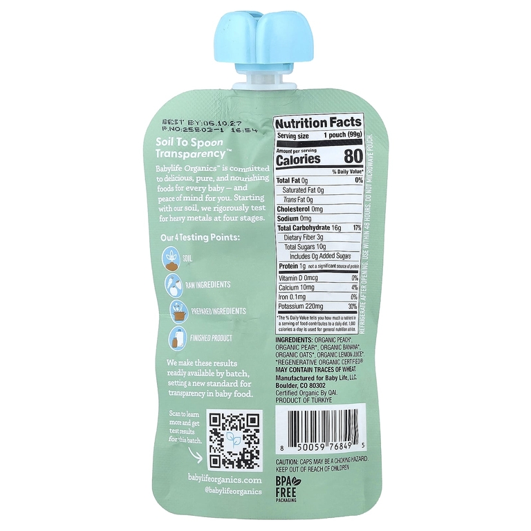 BabyLife Organics, детское питание, для детей от 6 месяцев, персик, груша, банан и овсянка, 6 паучей по 99 г (3,5 унции)