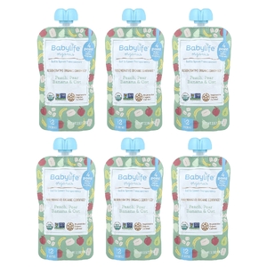 BabyLife Organics, детское питание, для детей от 6 месяцев, персик, груша, банан и овсянка, 6 паучей по 99 г (3,5 унции)