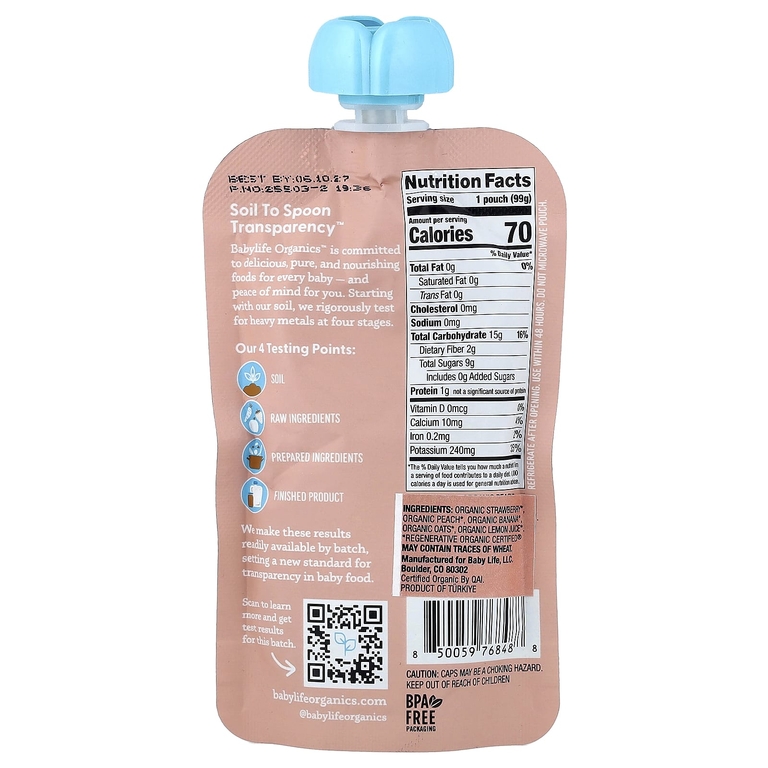 BabyLife Organics, детское питание от 6 месяцев, клубника, персик, банан и овсянка, 6 паучей по 99 г (3,5 унции)