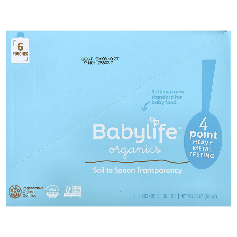 BabyLife Organics, детское питание от 6 месяцев, клубника, персик, банан и овсянка, 6 паучей по 99 г (3,5 унции)