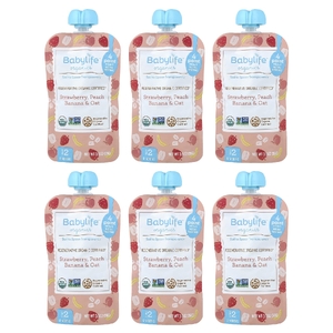 BabyLife Organics, детское питание от 6 месяцев, клубника, персик, банан и овсянка, 6 паучей по 99 г (3,5 унции)
