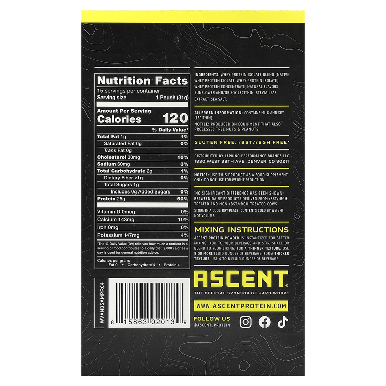 Ascent, Native Whey Protein Blend, Vanilla Bean, 15 Packets, 1.09 oz (31 g) Each