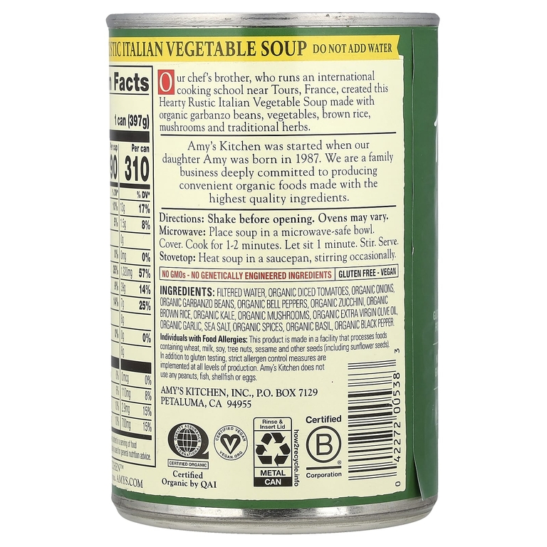 Amy's, Hearty Organic Soups, итальянские деревенские овощи, 397 г (14 унций)