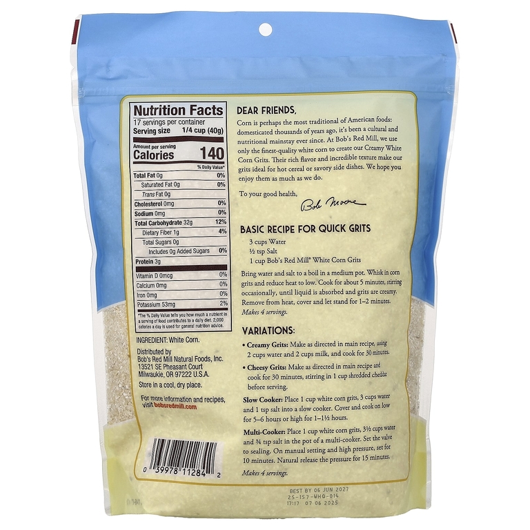 Bob's Red Mill, кремовая белая кукурузная крупа, горячая каша, 680 г (24 унции)