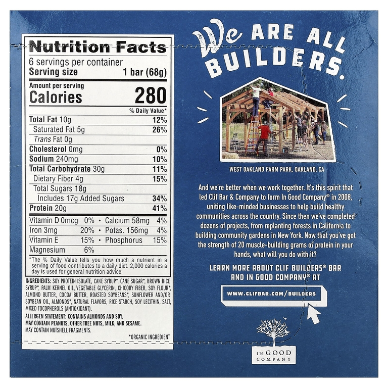 Clif Bar, Builders® Protein Bar, Vanilla Almond, 6 Bars, 2.4 oz (68 g) Each