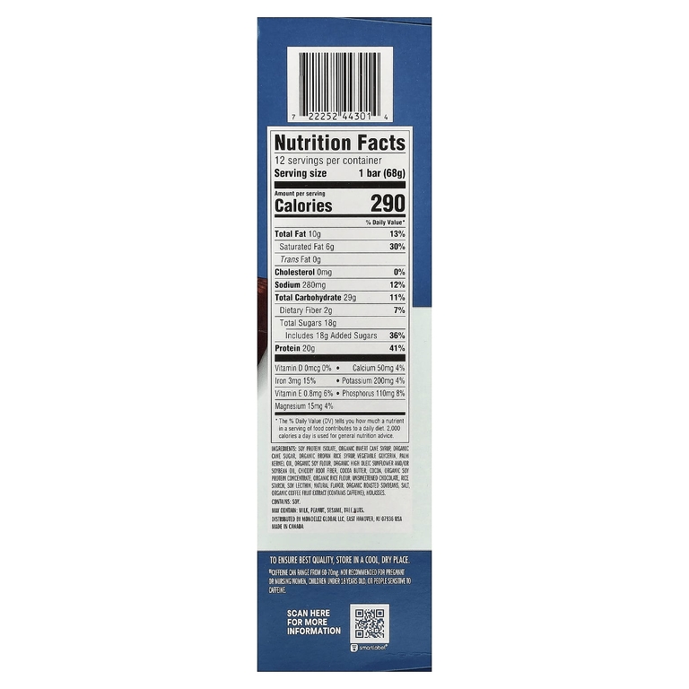 Clif Bar, Builders® Protein + Caffeine Bar, Chocolate Chip Cookie Dough, 12 Bars, 2.4 oz (68 g) Each