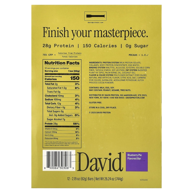 David Protein , Protein Bar, Blueberry Pie, 12 Bars, 2.19 oz (62 g) Each