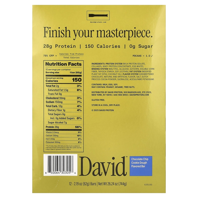 David Protein, Protein Bar, Chocolate Chip Cookie Dough, 12 Bars, 2.19 oz (62 g) Each