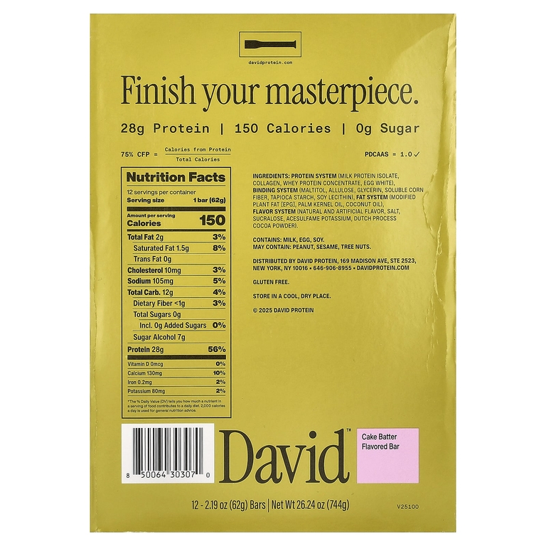 David Protein, Protein Bar, Cake Batter, 12 Bars, 2.19 oz (62 g) Each