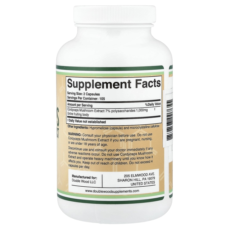Double Wood Supplements, экстракт гриба кордицепс, 210 капсул (500 мг в 1 капсуле)