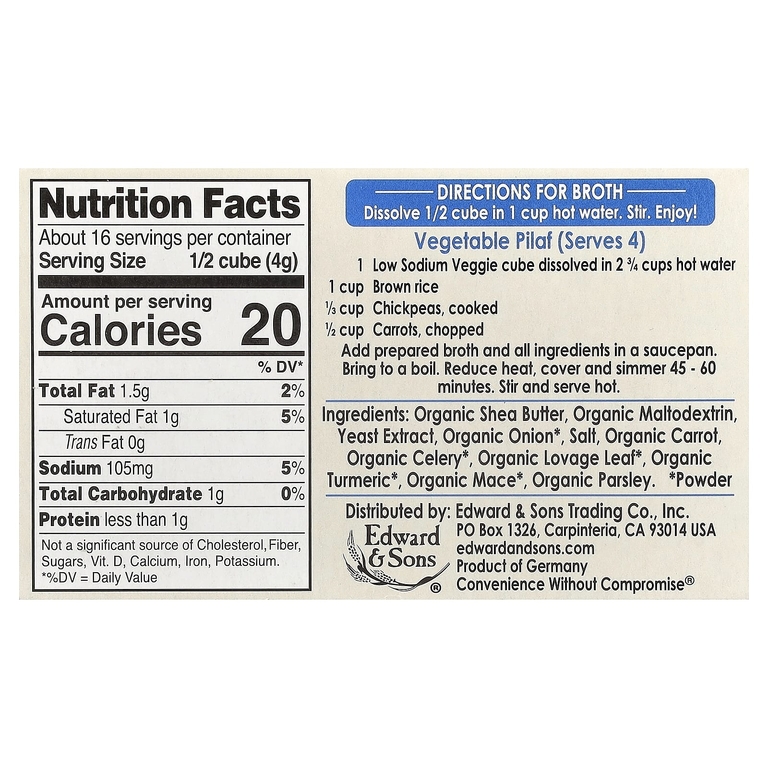 Edward & Sons, Bouillon Cubes, Garden Veggie, Low Sodium, 8 Cubes, 2.2 oz (64 g)