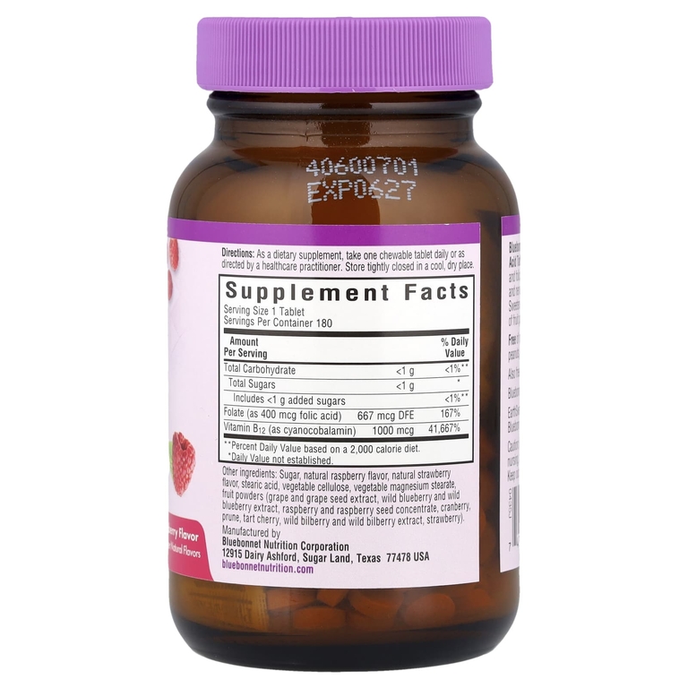 Bluebonnet Nutrition, витамин B12 и фолиевая кислота, натуральный малиновый ароматизатор, 180 жевательных таблеток