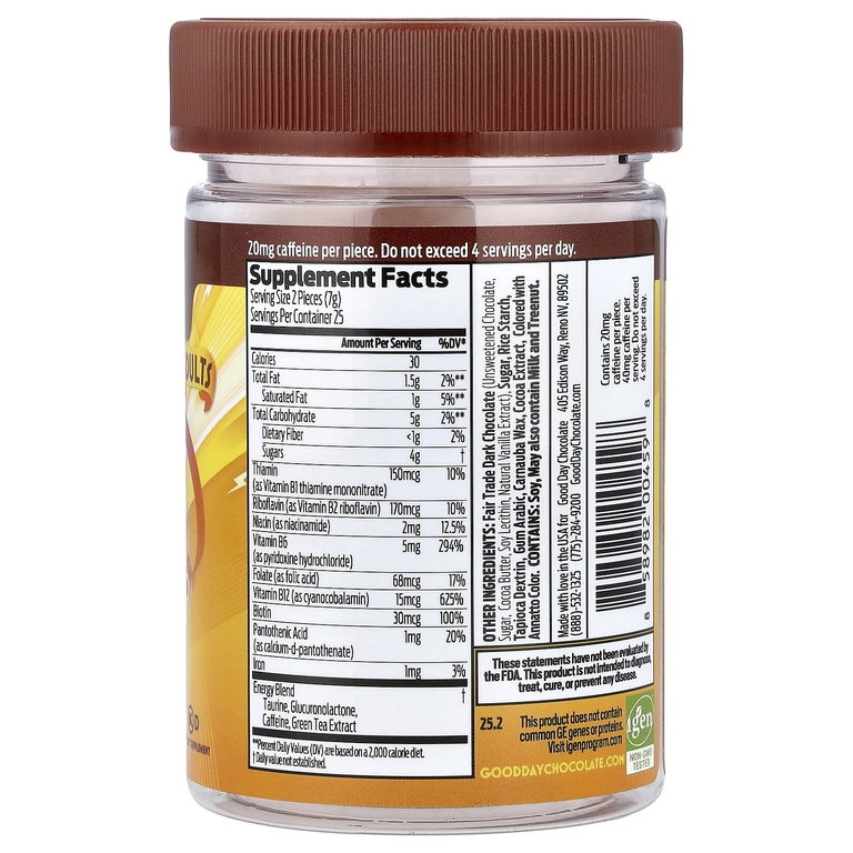 Good Day Chocolate, Energy Supplement, For Adults, Dark Chocolate, 50 Candy Coated Pieces