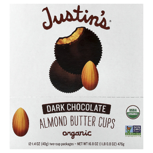 Justin's Nut Butter, Organic Almond Butter Cups, Dark Chocolate, 12 Two-Cup Pakages, 1.4 oz (40 g) Each