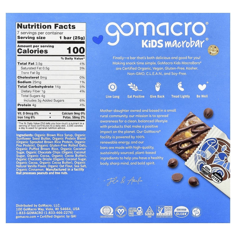 GoMacro, Kids MacroBar®, овсяное печенье с шоколадной крошкой, 7 шт. по 25 г (0,9 унции)