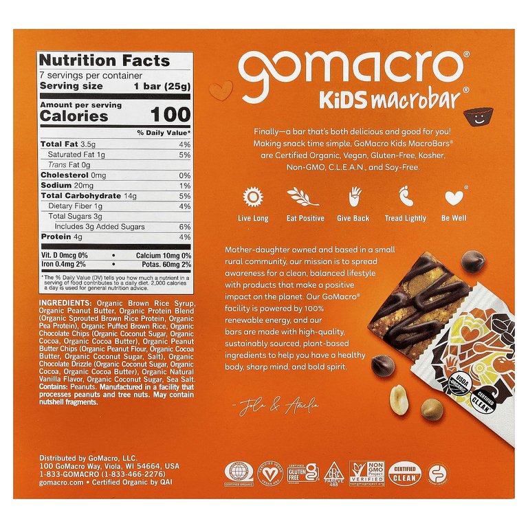 GoMacro, Kids MacroBar®, батончик с арахисовой пастой, 7 батончиков по 25 г (0,9 унции)
