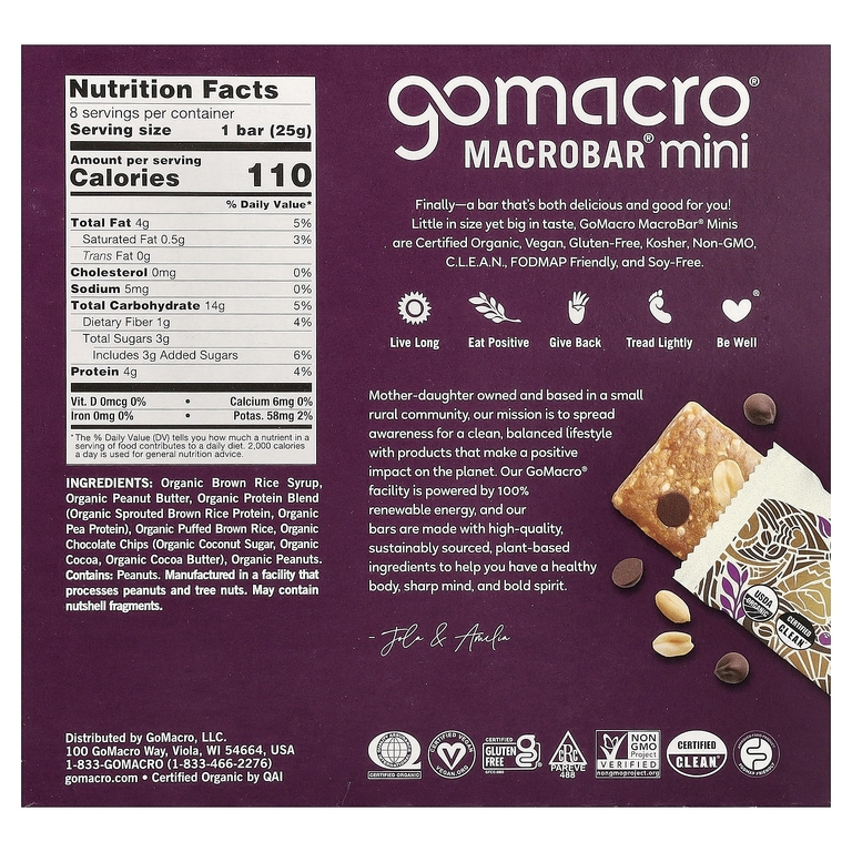 GoMacro, MacroBar® мини, арахисовая паста и шоколадная крошка, 8 батончиков по 25 г (0,9 унции)