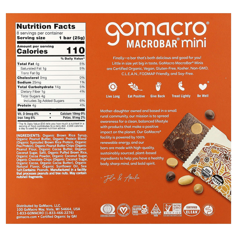 GoMacro, MacroBar® мини, двойной шоколад и чипсы с арахисовой пастой, 8 батончиков по 25 г (0,9 унции)