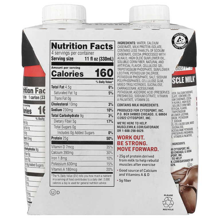Muscle Milk, Genuine, Protein Shake, Chocolate, 4 Cartons, 11 fl oz (330 ml) Each