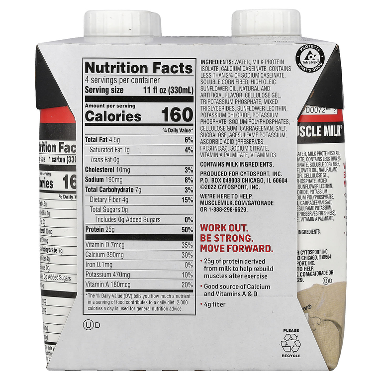 Muscle Milk, Genuine, Protein Shake, Vanilla Creme, 4 Cartons, 11 fl oz (330 ml) Each