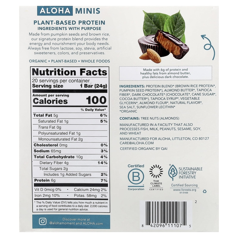 Aloha, Organic Protein Mini Bars, Almond Butter Cup, 20 Bars, 0.85 oz (24 g) Each