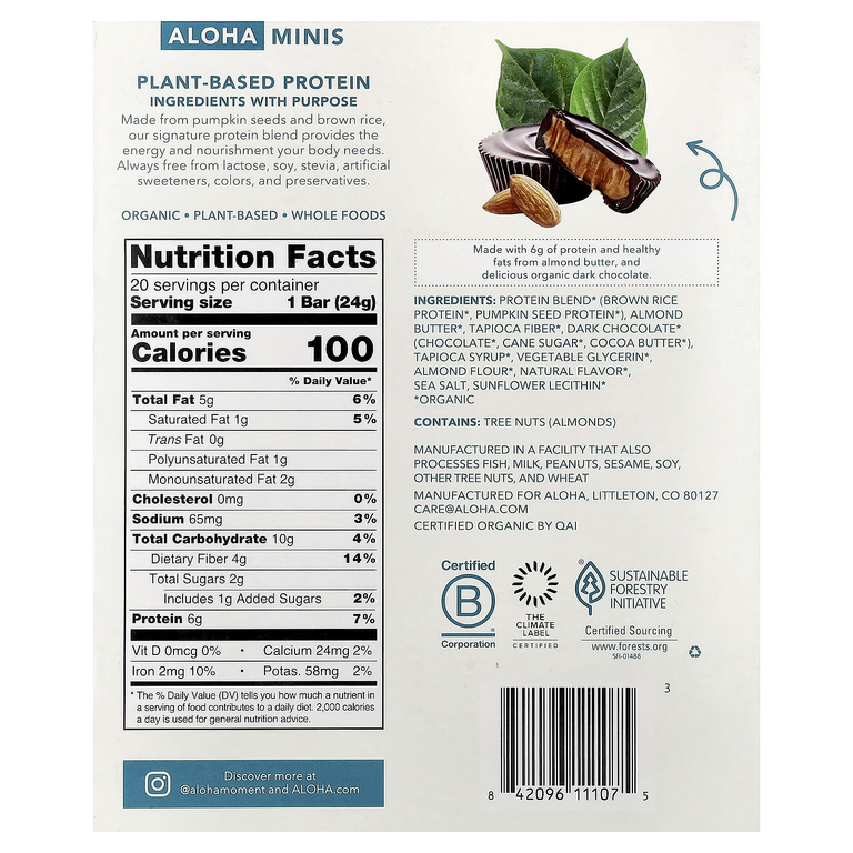 Aloha, Organic Protein Mini Bars, Almond Butter Cup, 20 Bars, 0.85 oz (24 g) Each