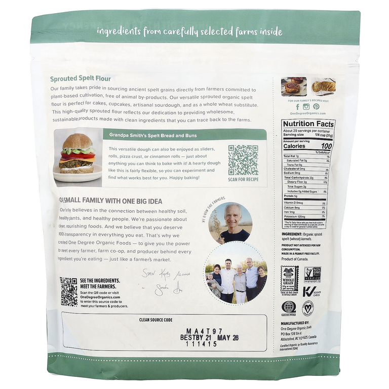 One Degree Organic Foods, мука из пророщенной спельты, 907 г (32 унции)