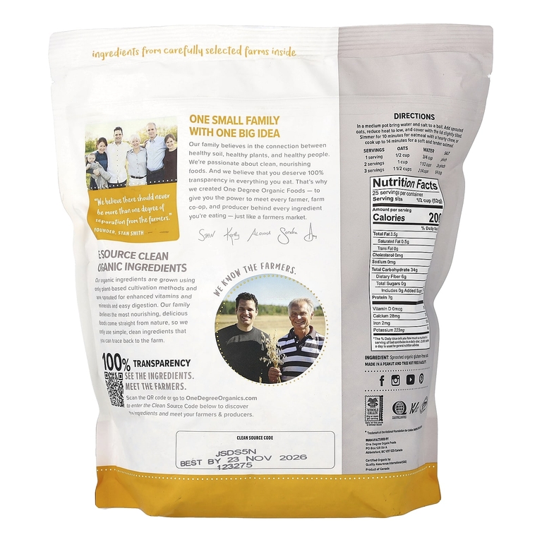 One Degree Organic Foods, пророщенный плющенный овёс, 1,28 кг (45 унций) (Товар снят с продажи) 