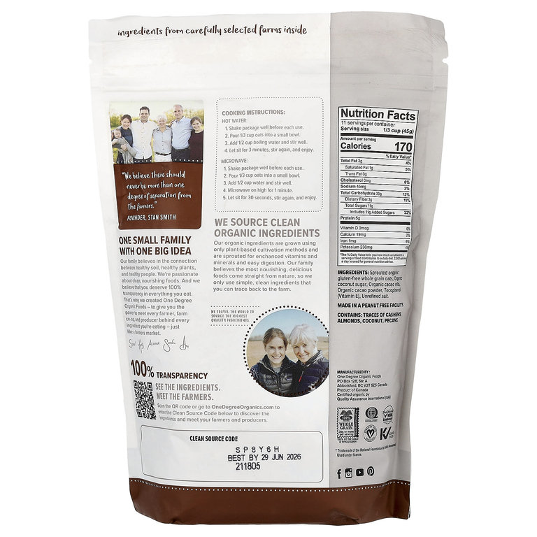 One Degree Organic Foods, пророщенная растворимая овсянка, какао-бобы, 510 г (18 унций)