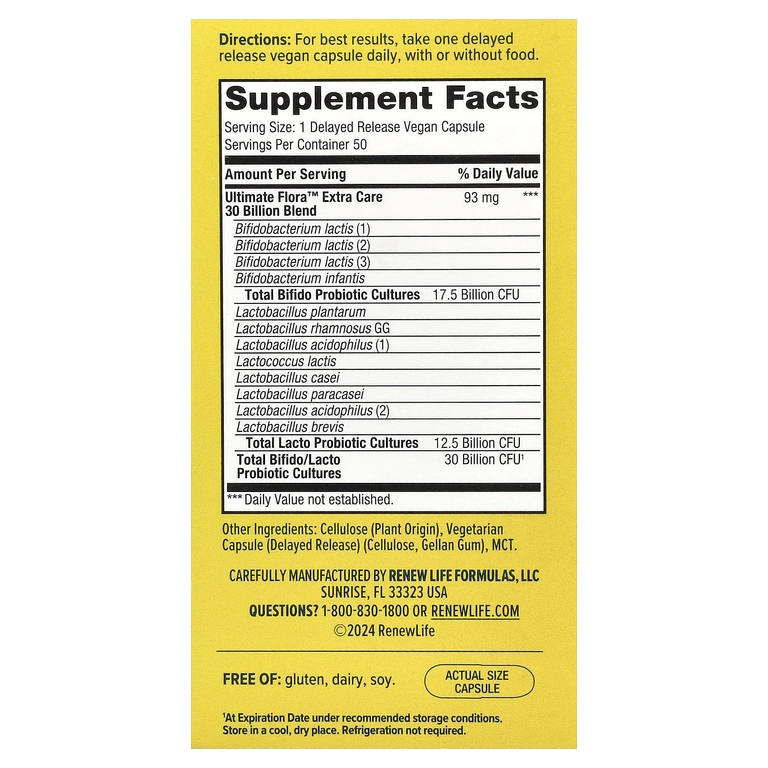 Renew Life, Ultimate Flora™ Extra Care Probiotic, 30 Billion CFU, 50 Delayed Release Vegan Capsules