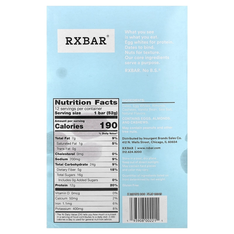 RXBAR, протеиновый батончик, ваниль и миндаль, 12 батончиков по 52 г (1,8 унции)