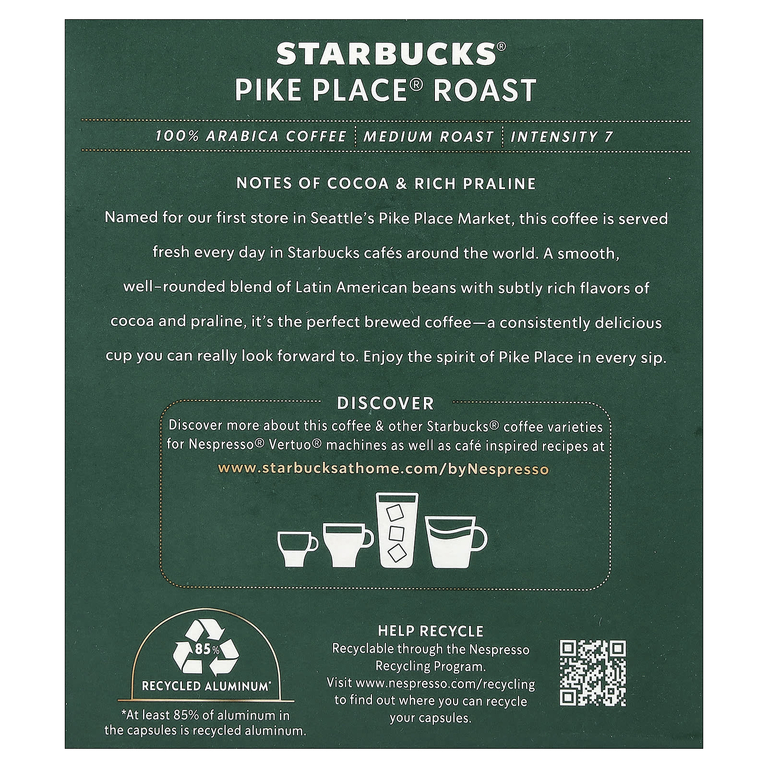 Starbucks, Nespresso®, Pike Place® обжарка, молотый, средняя обжарка, 8 алюминиевых капсул