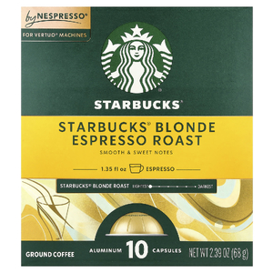 Starbucks, Nespresso®, светлый эспрессо, обжаренный, молотый, 10 алюминиевых капсул, 68 г (2,39 унции)
