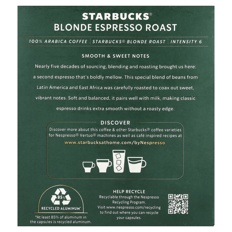Starbucks, Nespresso®, светлый эспрессо, обжаренный, молотый, 10 алюминиевых капсул, 68 г (2,39 унции)