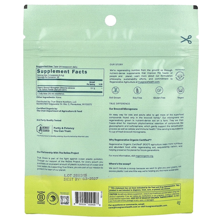 True Grace, Broccoli Microgreens Superfood Powder, 0.4 oz (12 g)