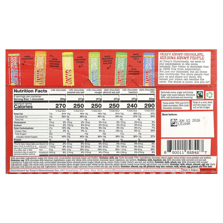 Tony's Chocolonely, Rainbow Tasting Pack, 6 батончиков, 288 г (10,16 унции)