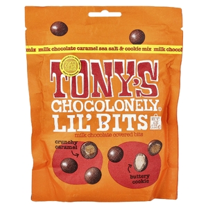 Tony's Chocolonely, Lil' Bits, кусочки в молочном шоколаде, смесь с карамельной морской солью и печеньем, 113 г (4 унции)