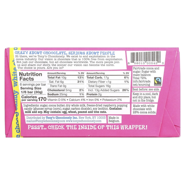 Tony's Chocolonely, белый шоколад, конфета с малиной, 180 г (6,35 унции)
