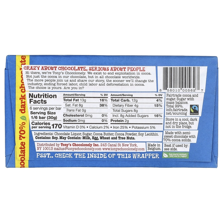 Tony's Chocolonely, темный шоколад, 180 г (6,35 унции)