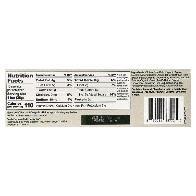 Verb Energy, Caffeinated Energy Bar, Chocolate Chip Banana Bread, 16 Bars, 0.92 oz (26 g) Each