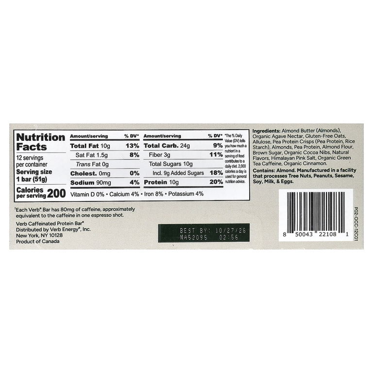 Verb Energy, Caffeinated Protein Bars, Oatmeal Chocolate Chip, 12 Bars, 1.8 oz (51 g) Each