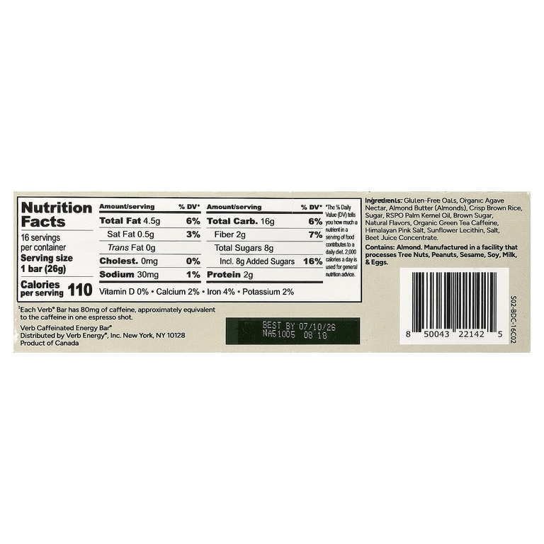 Verb Energy, Caffeinated Energy Bars, Birthday Cake, 16 Bars, 0.92 oz (26 g) Each
