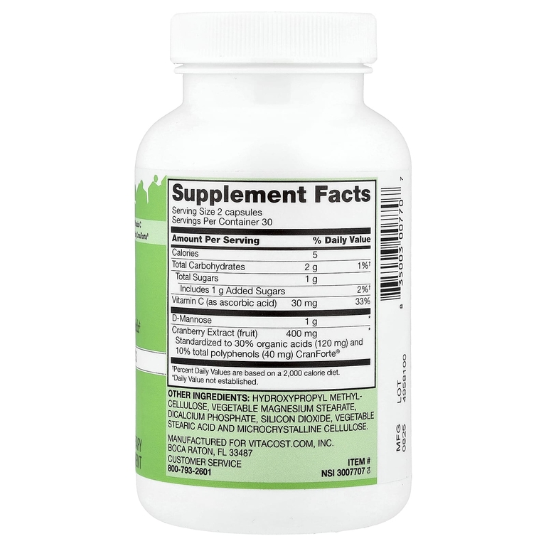 Vitacost, D-манноза с витамином C CranForte®, 60 капсул